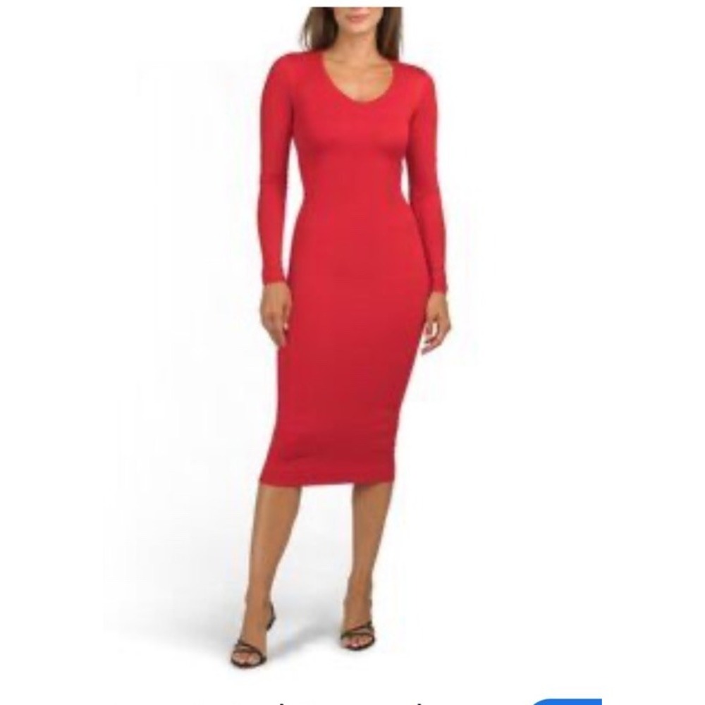 Naked Wardrobe Longsleeve V Neck Midi Stretch Bodycon Dress Red‎ Sz XL EUC
